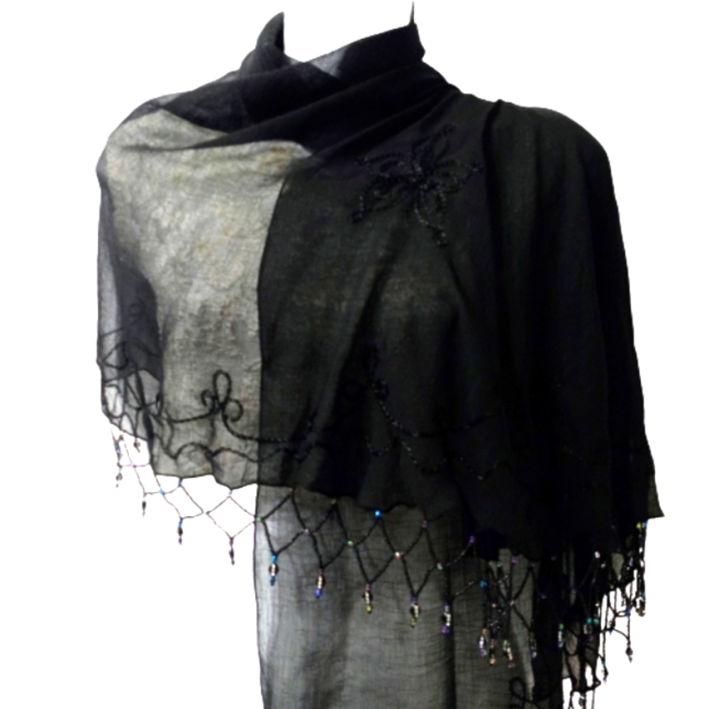 Caravanas Black Sheer Embroidered Beaded Shawl